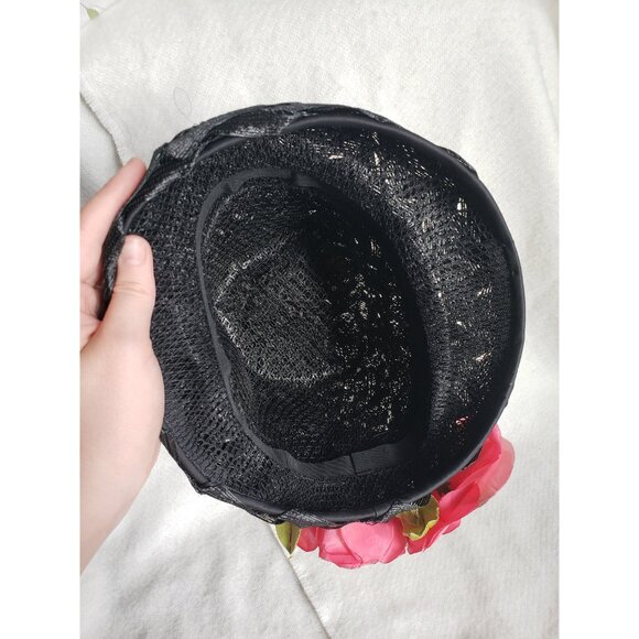 Black Vintage Cloche Hat with Large Pink Roses Woven Raffia - Picture 8 of 10
